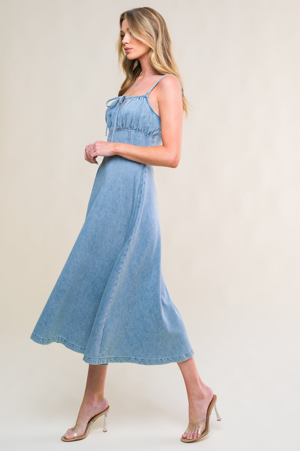 Festival Days Front Tie Denim Midi Dress for Women - Casual Summer Outfit, Boho Chic Style, Perfect for Parties, Dates, and Outdoor Events