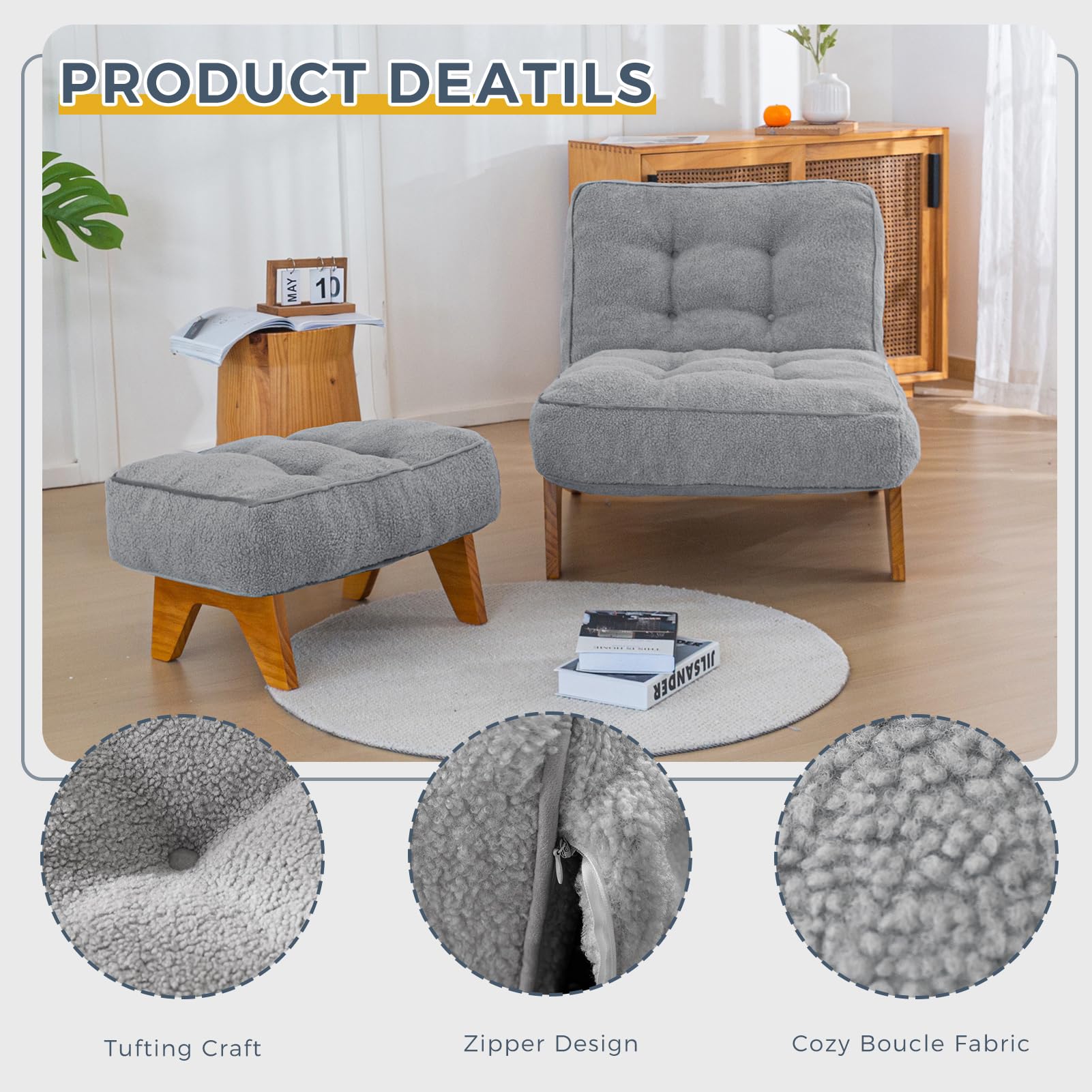 MAXYOYO Adjustable Reclining Lounge Chair with Ottoman - Thick Cushion Accent Chair & Footrest Set for Living Room, Dark Grey - Perfect for Relaxing, Reading & TV Watching