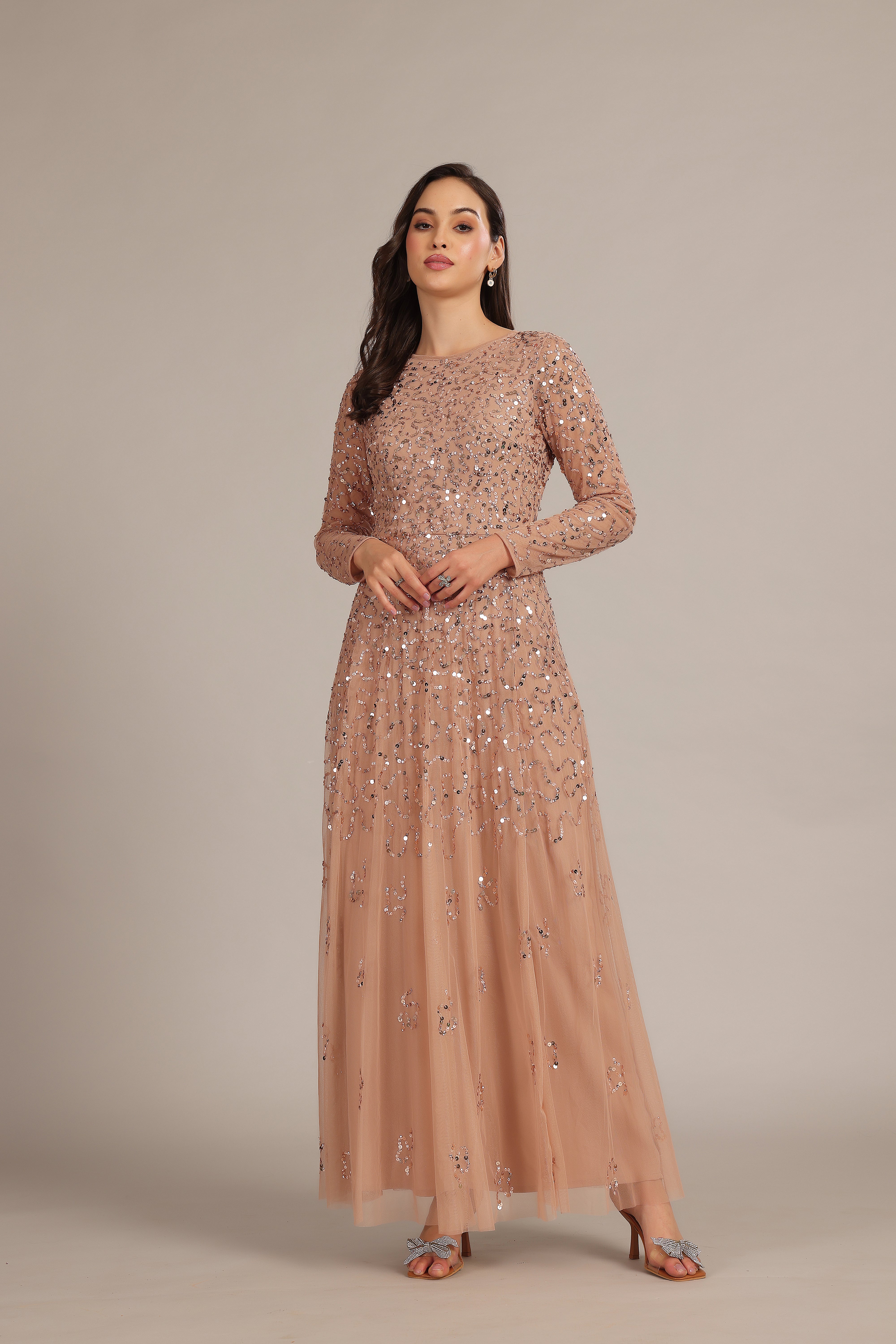 Elegant Sylvia Maxi Dress in Mink - Flowy Long Women's Dress for Casual Wear, Parties & Special Occasions