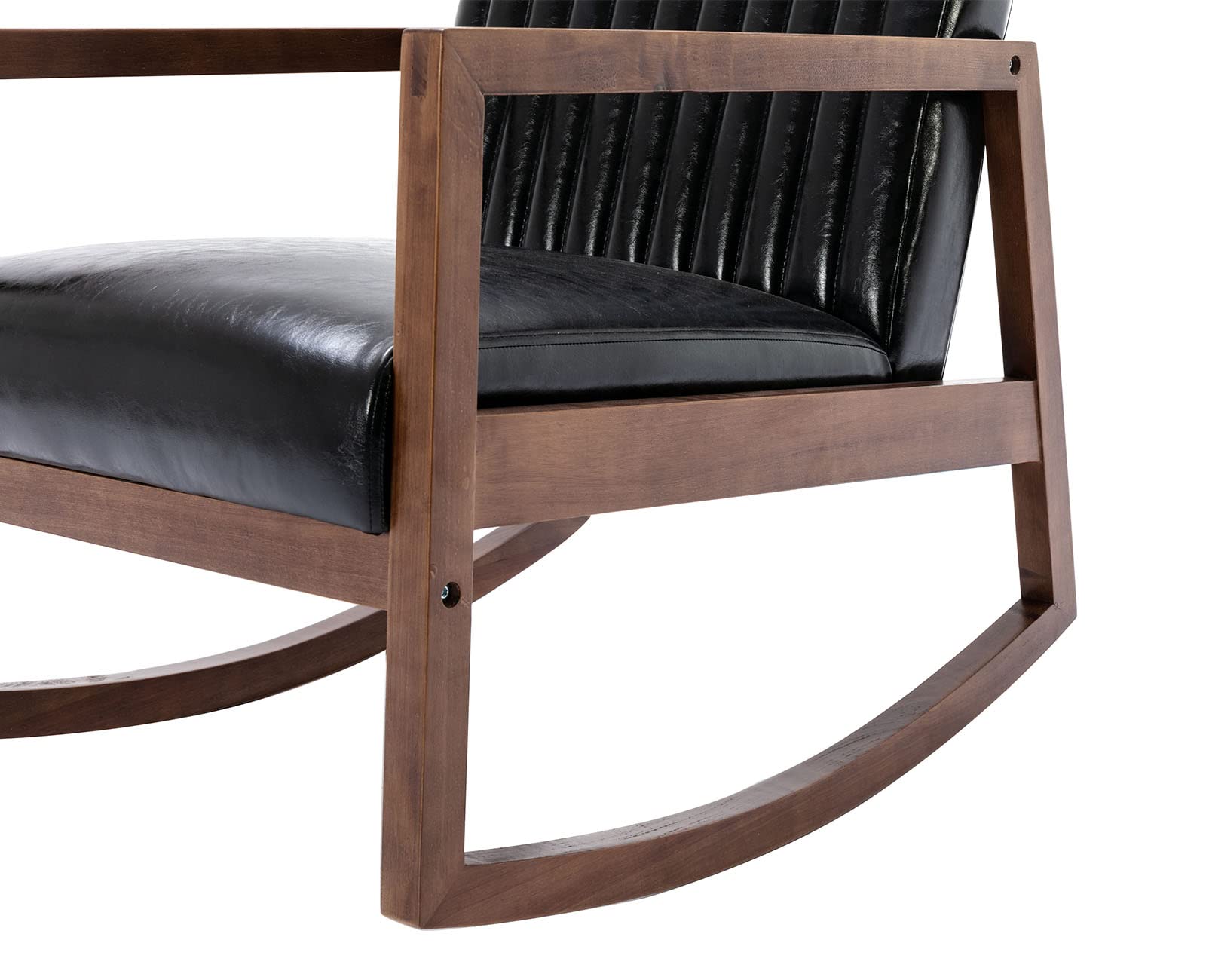 VESCASA Mid-Century Modern Upholstered Rocking Chair - Channel-Tufted Back, Oil Wax PU Leather & Black Walnut Wood Frame - Comfortable Nursery, Living Room, Bedroom Rocker (Black) | Perfect for Nursing, Relaxing & Home Decor