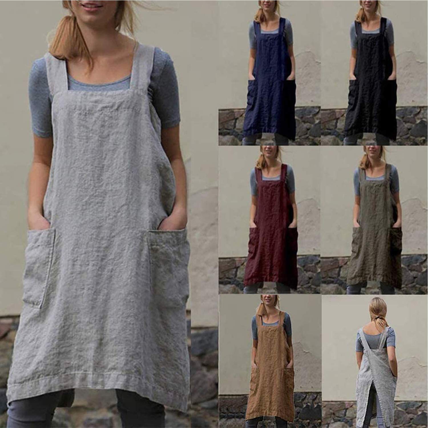 Premium Cotton Linen Cross Back Apron for Women - Large Pockets, Adjustable Straps - Perfect for Baking, Cooking, BBQ & Grilling - Ideal for Home Chefs, Outdoor Parties & Restaurant Use