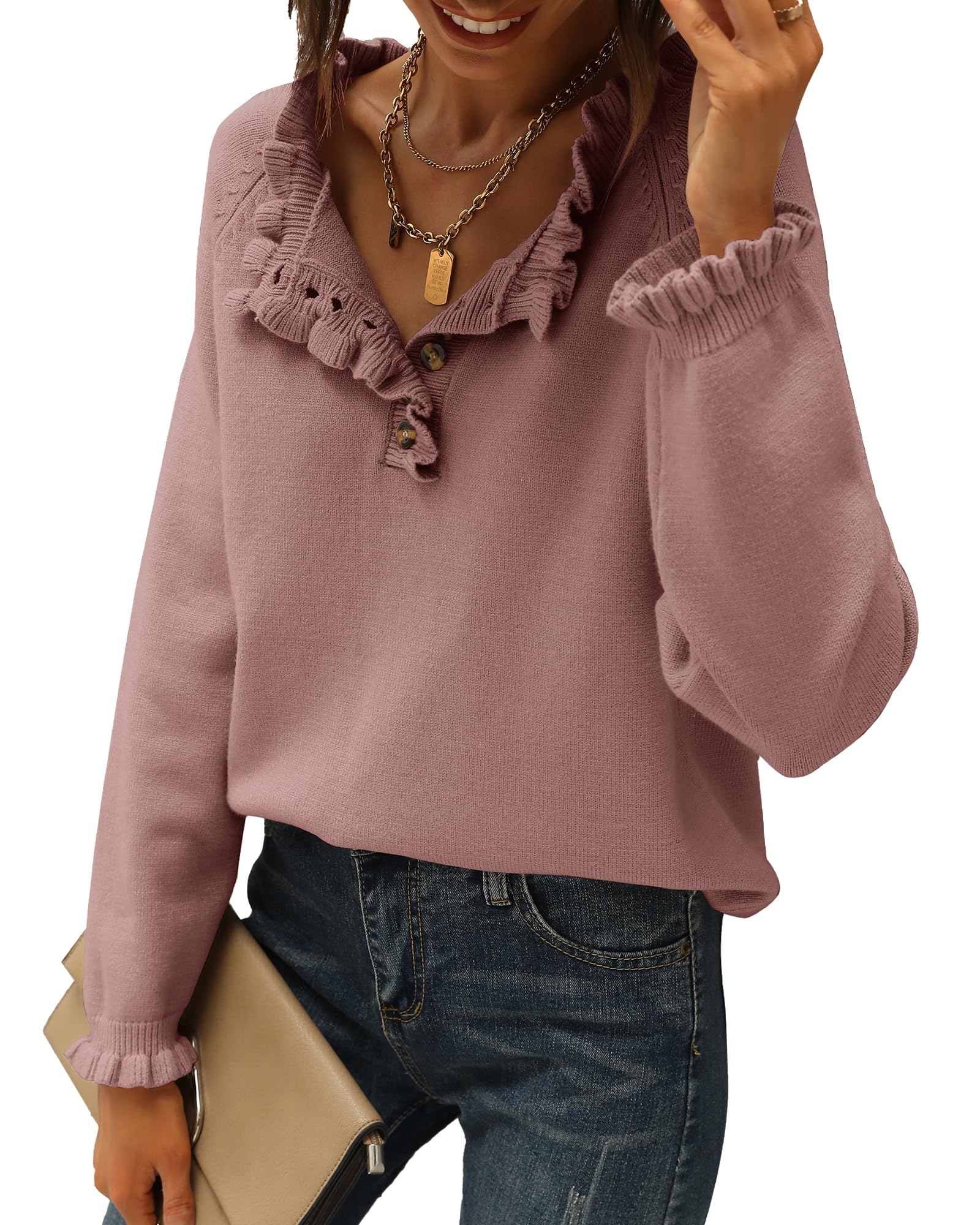 BTFBM Women's Knit Sweaters 2025 - Long Sleeve Button Down Ruffle Crew Neck Pullover Tops for Fall & Winter | Casual Office Wear, Date Night Outfits, Holiday Party Fashion