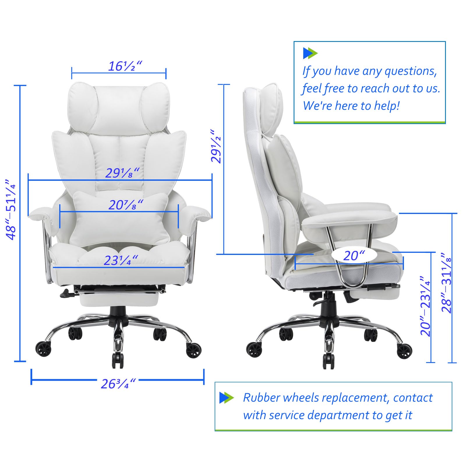 Efomao Big and Tall Office Chair 400lbs - Heavy Duty PU Leather Executive Chair with Adjustable Lumbar Support & Footrest - Ergonomic Computer Desk Chair for Home Office - Perfect for Long Work Hours & Gaming Sessions (White)