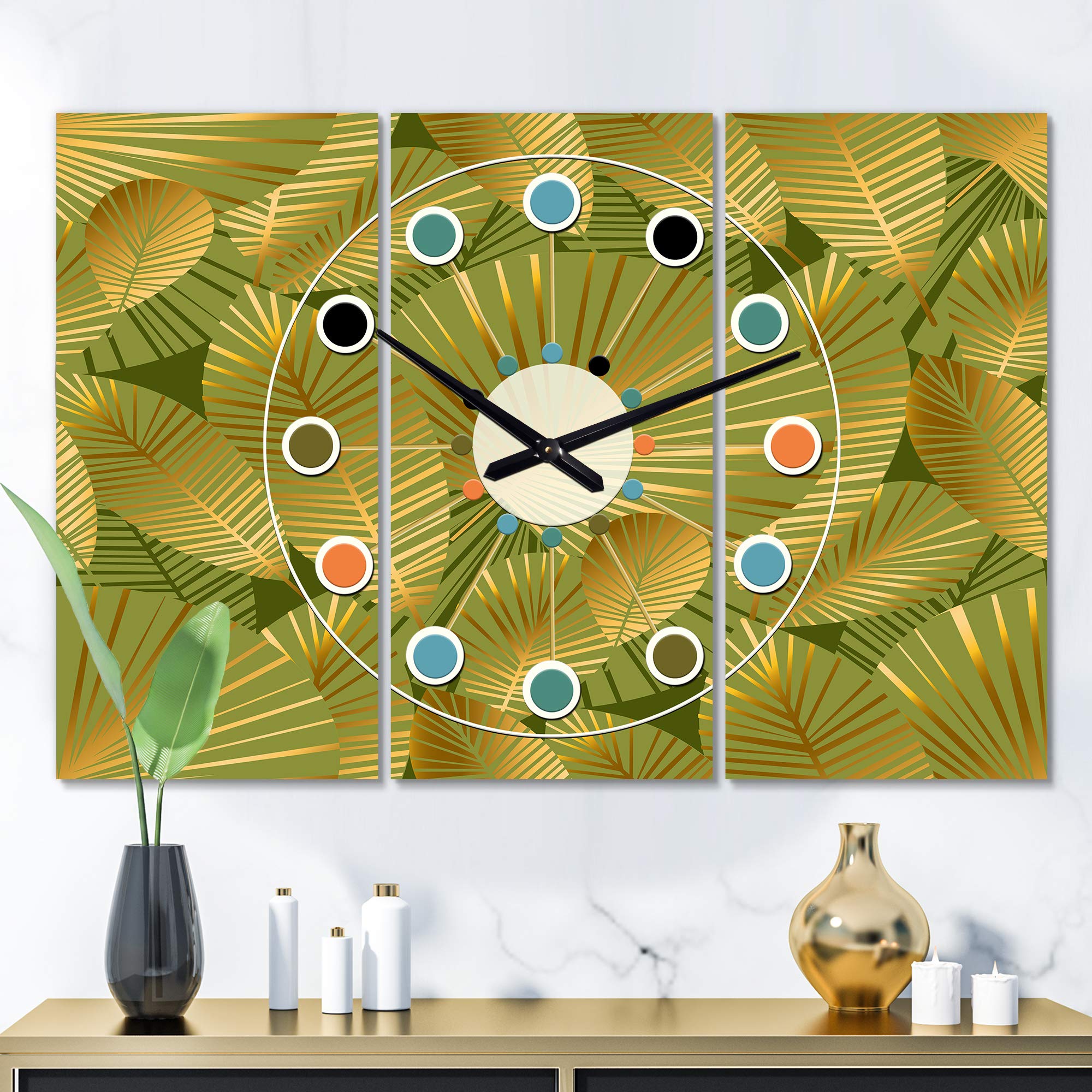Designart Golden Leaves I Mid-Century Modern 3 Panel Wall Clock - Metal Wall Art Decor for Living Room, Bedroom, Office | Home & Office Decorations | Perfect for Modern Interiors & Gift Giving