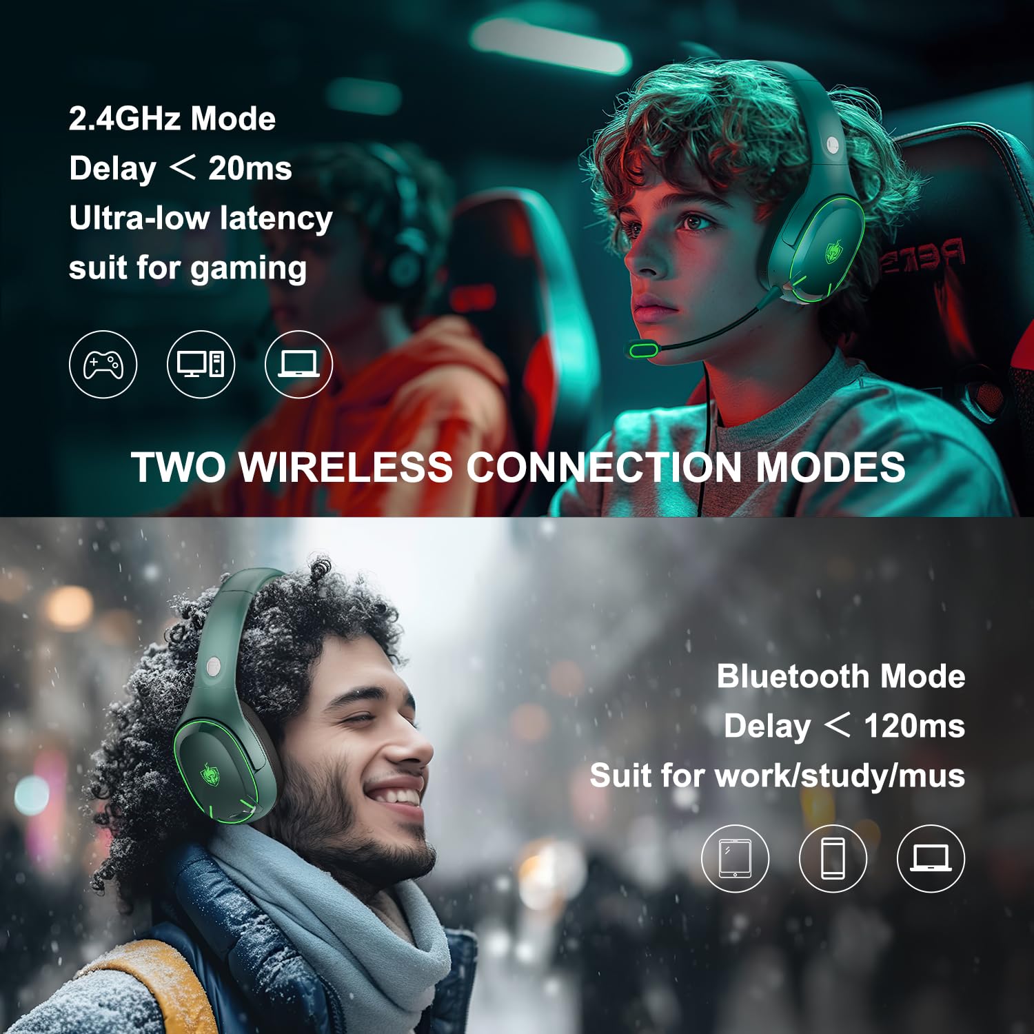 PHOINIKAS Wireless Gaming Headset with Dual-Chips Bluetooth 5.3 for PC/PS4/PS5/Switch/Mobile/Laptop, 2.4Ghz USB Dongle, Noise Cancelling Mic, 30H Battery Life, RGB Lights - Perfect for Gaming, Streaming & Online Meetings