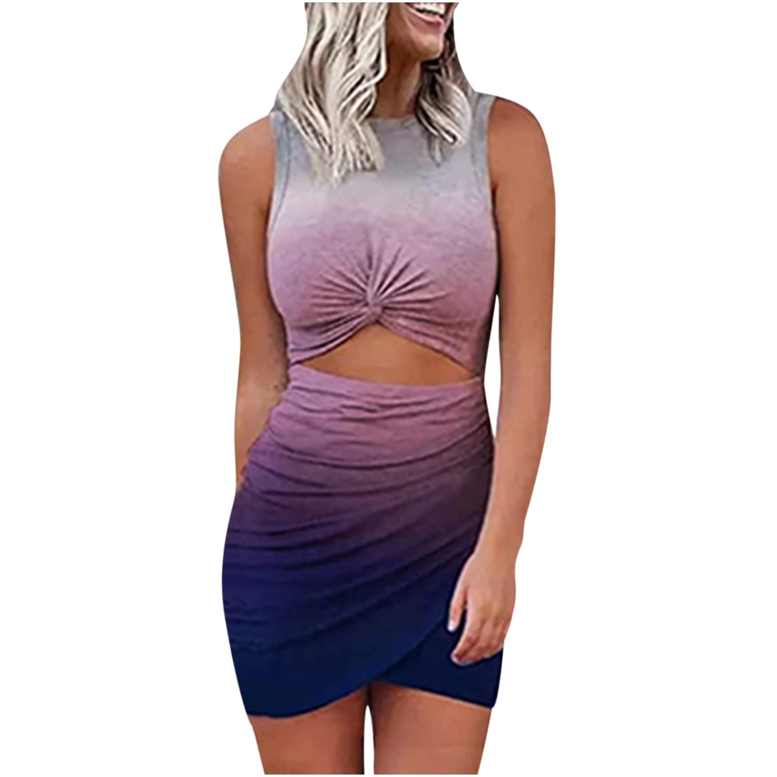 EOPUING Women's Summer Wrap Dress - Gradient Ruched Sleeveless Mini Dress with Cut Out Twist, Y2K Fashion Sexy Sundress | Perfect for Beach, Party & Date Night