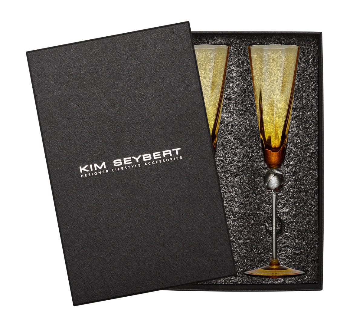 Amber Glass Flute Set of 2 - Elegant Champagne Flutes with Gift Box - Perfect for Weddings, Anniversaries & Romantic Celebrations