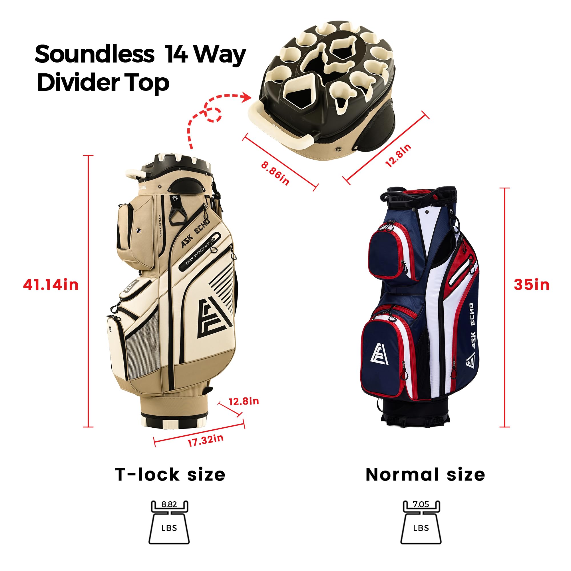 ASK ECHO 2024 Premium T-Lock Golf Cart Bag with 14-Way Organizer Divider Top - Durable Golf Bag with Comfortable Handles & Waterproof Rain Cover for Men - Perfect for Golf Courses, Tournaments & Driving Range Practice