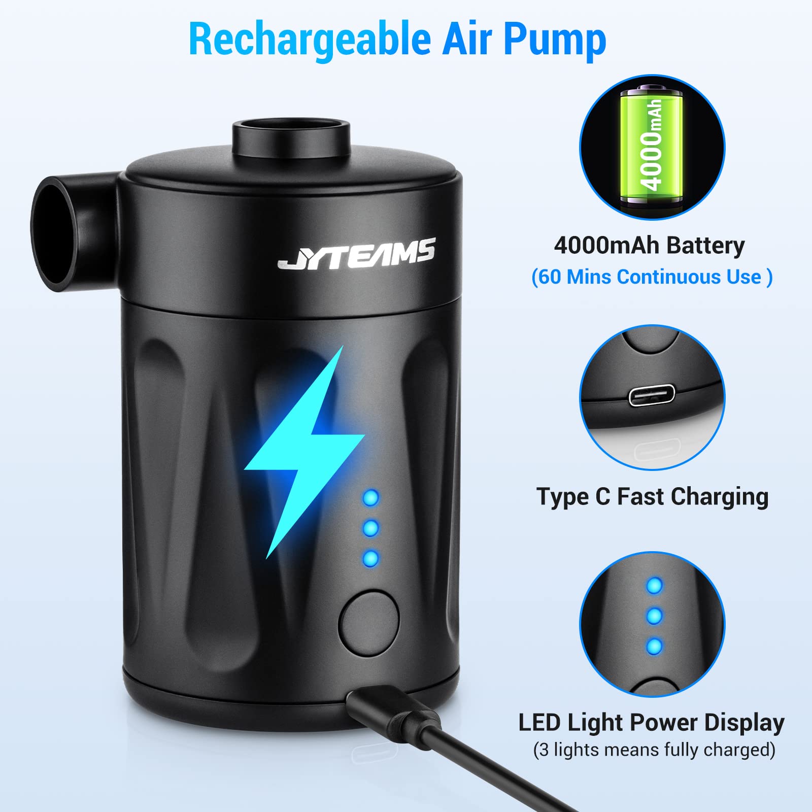 Portable Rechargeable Electric Air Pump - Fast Inflation for Air Mattress, Pool Floats, Boat Toys & Inflatables | Mini Travel Air Pump with 4 Nozzles | Perfect for Camping, Travel & Outdoor Activities