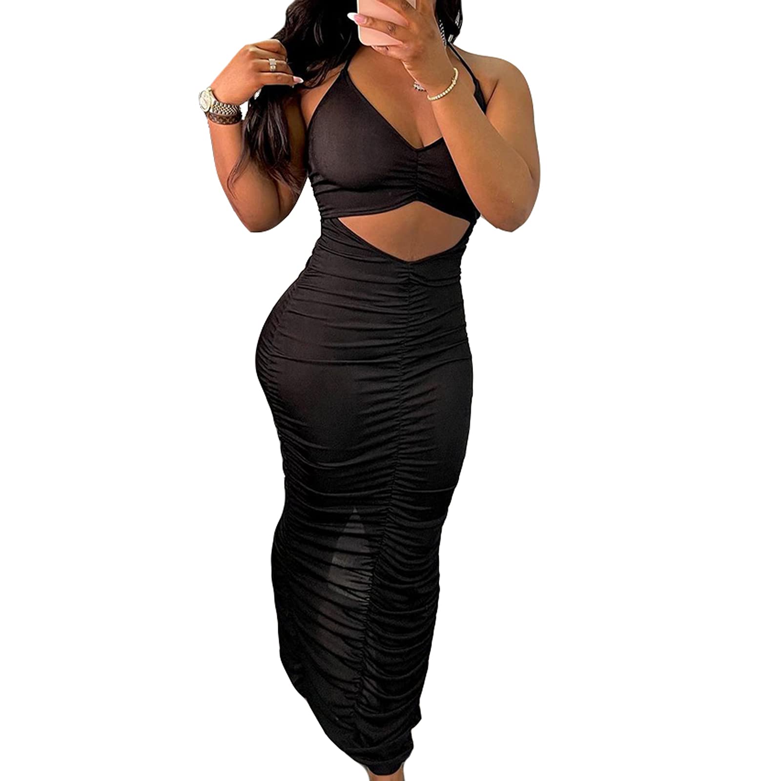 Women's Summer Halter Sleeveless Ruched Hollow Maxi Dress - Casual Solid Color Bodycon Dress for Beach, Vacation & Evening Out
