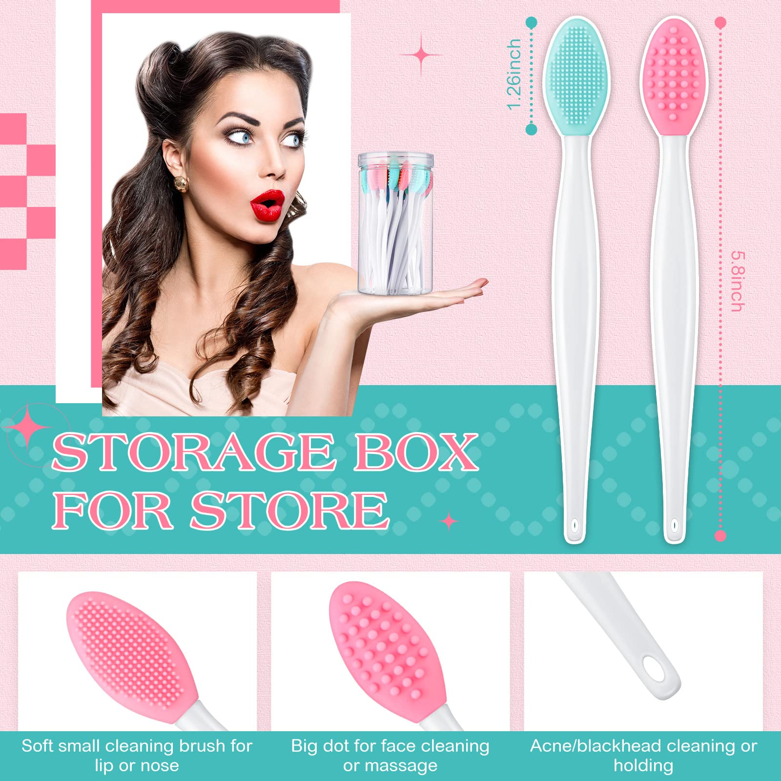 24 Pcs Silicone Exfoliating Lip Brush Set with Storage Case - Double Sided Lip Scrubber & Soft Face Cleansing Applicator for Plump, Smooth Lips (Pink & Green) | Perfect for DIY Lip Care & Makeup Removal