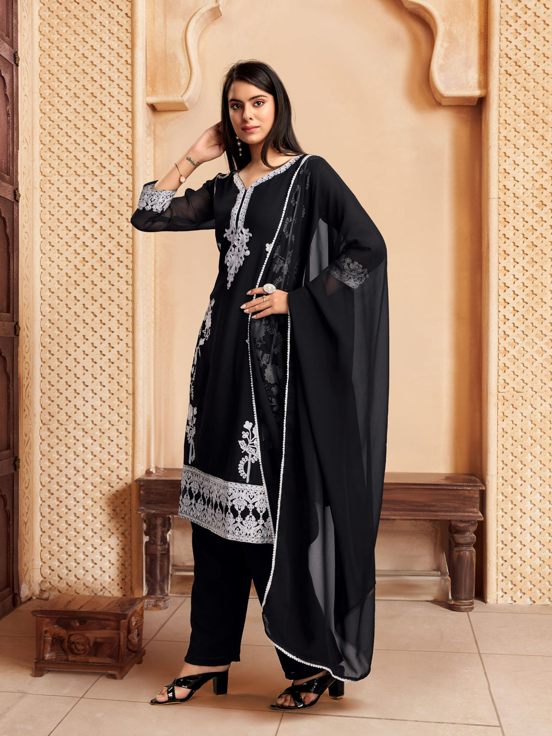 Elegant Black Designer Pant Suit with Chikankari Embroidery - Ready to Wear Women's Formal Outfit for Office, Parties & Special Occasions