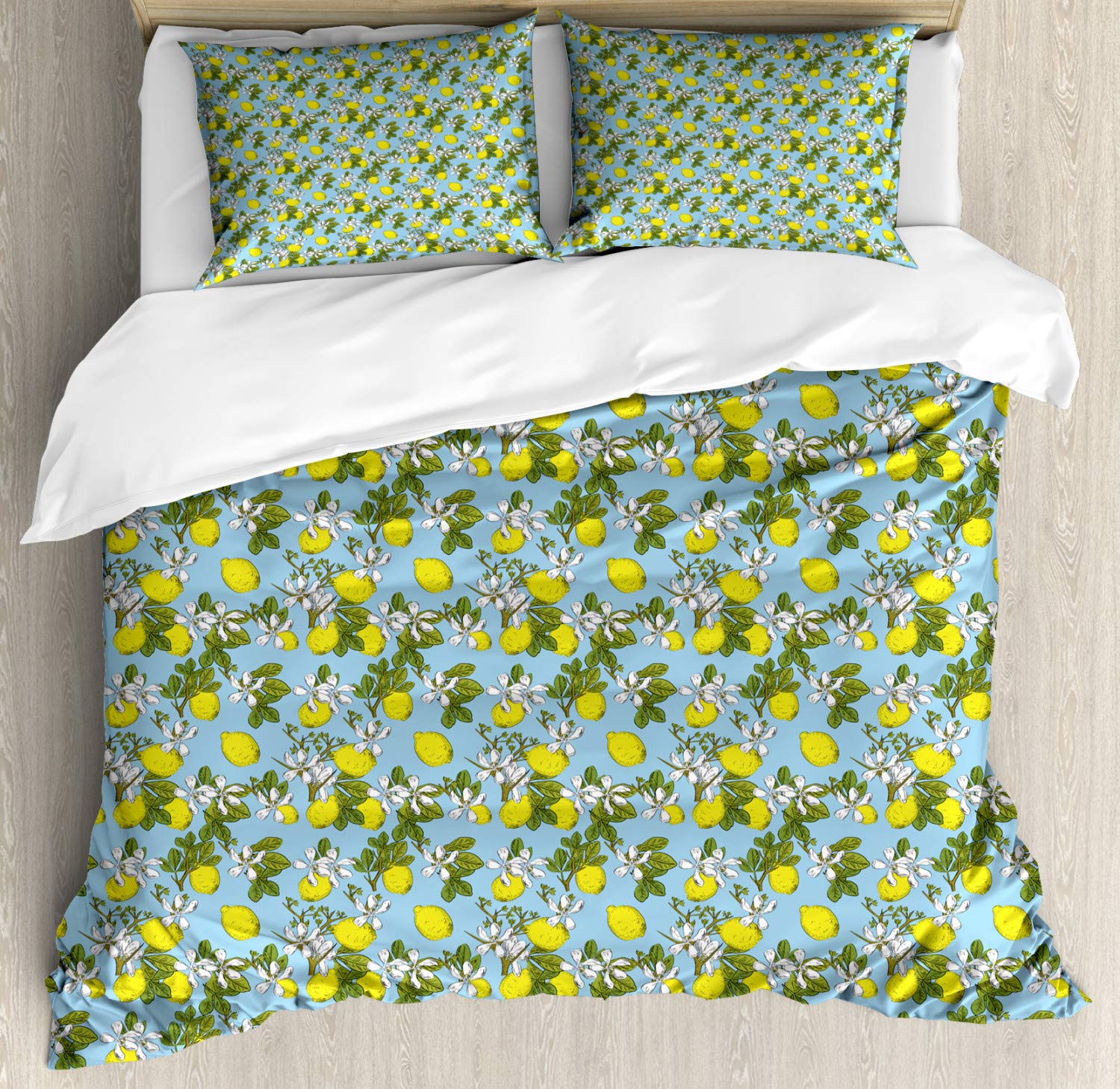 Ambesonne Botanical Duvet Cover Set - Queen Size 3-Piece Bedding with 2 Pillow Shams | Fresh Lemon, Blossoms & Branches Spring Design in Yellow, Blue & Green | Perfect for Spring Bedroom Decor, Guest Room Refresh & Botanical-Themed Home Styling