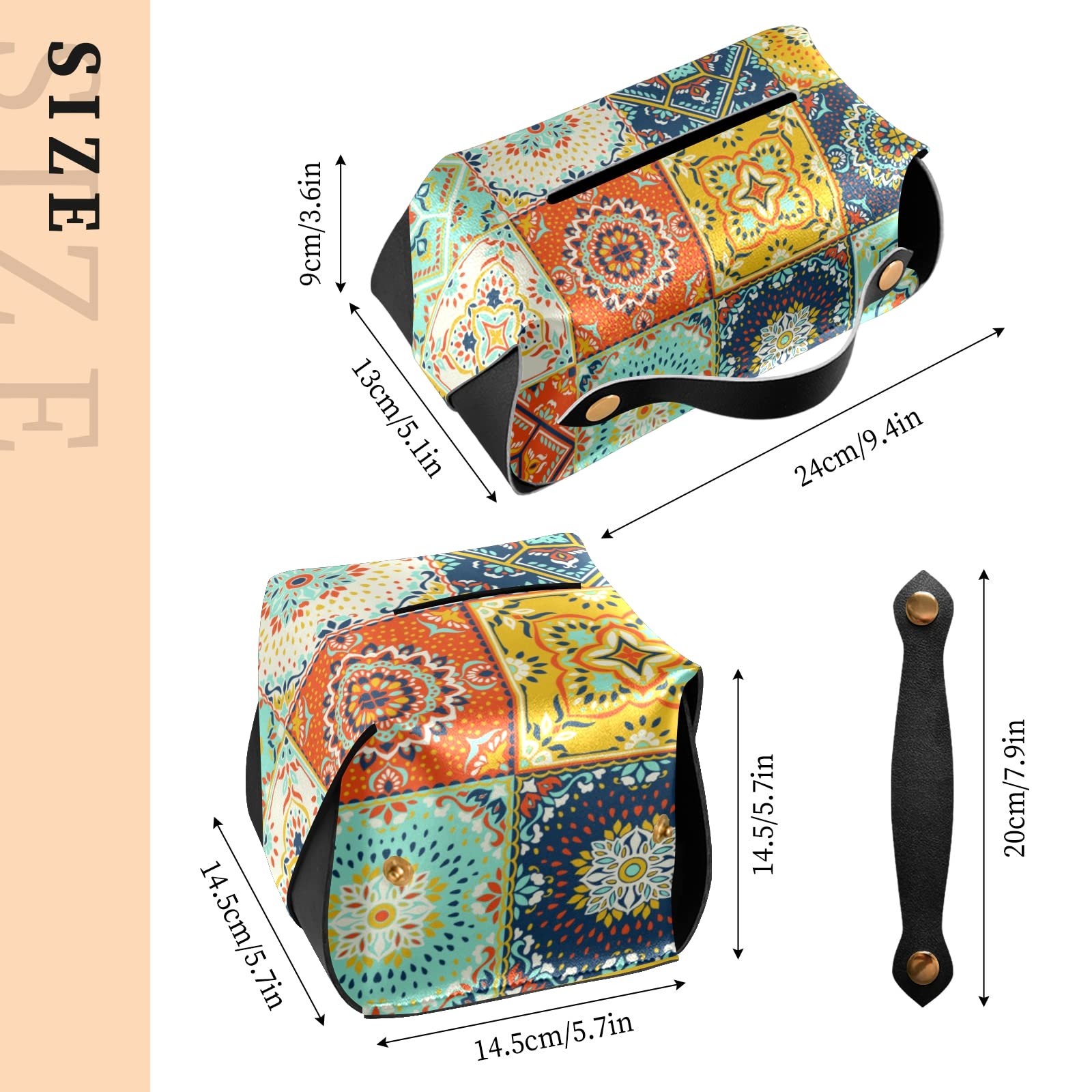 Handcrafted Talavera Indian Ceramic Mosaic Tile Leather Tissue Box Cover - 9.4x5.1x3.6 Inches - Ethnic Rectangle Design with Handle for Bathroom, Home, Office & Car | Perfect for Nightstands, Vanity Countertops & Desks