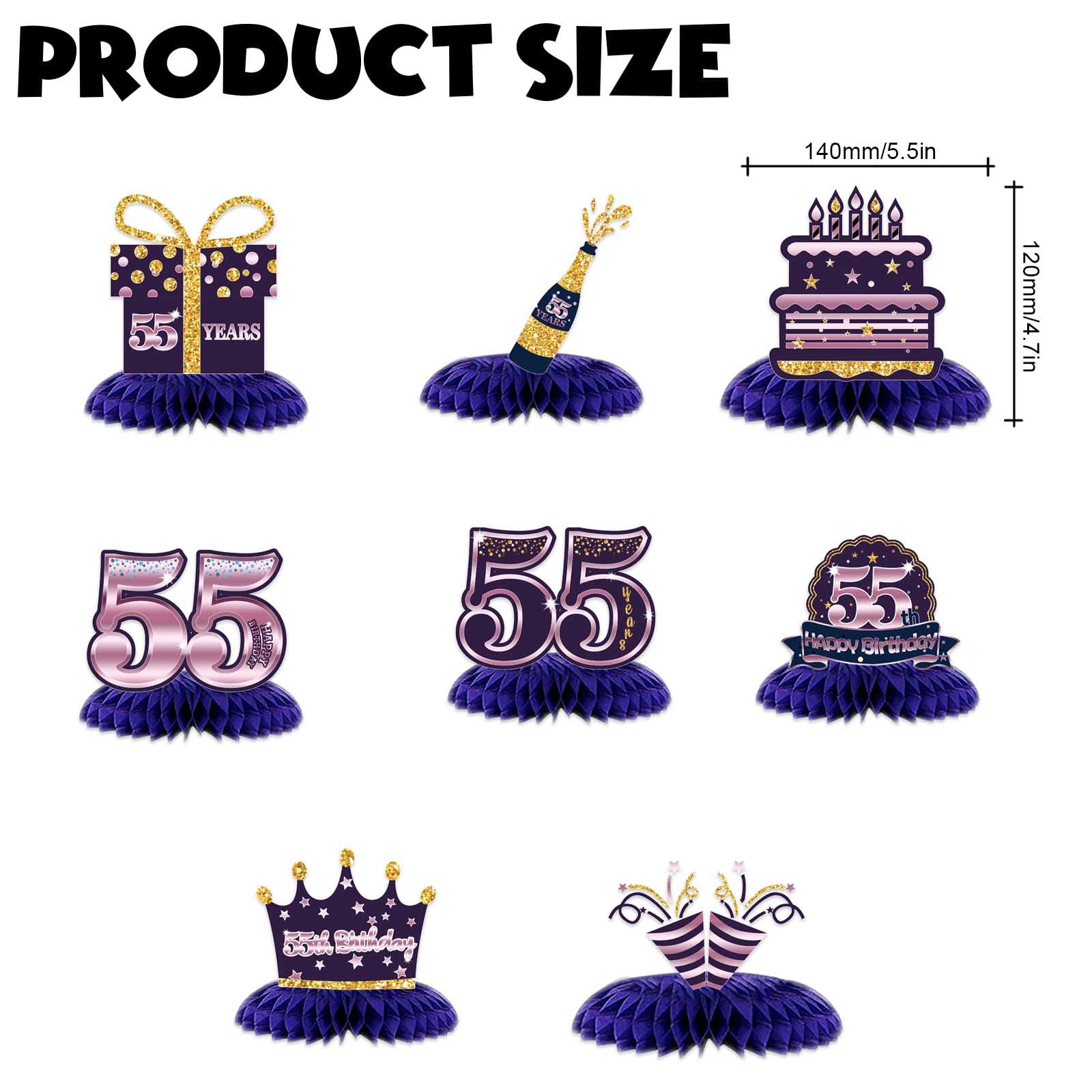55th Birthday Honeycomb Centerpieces - Purple & Gold Table Toppers for 55 Years Celebration | Party Decorations for Women & Men | Perfect for Anniversary & Milestone Birthday Parties | Cheers to 55 Years Table Decor