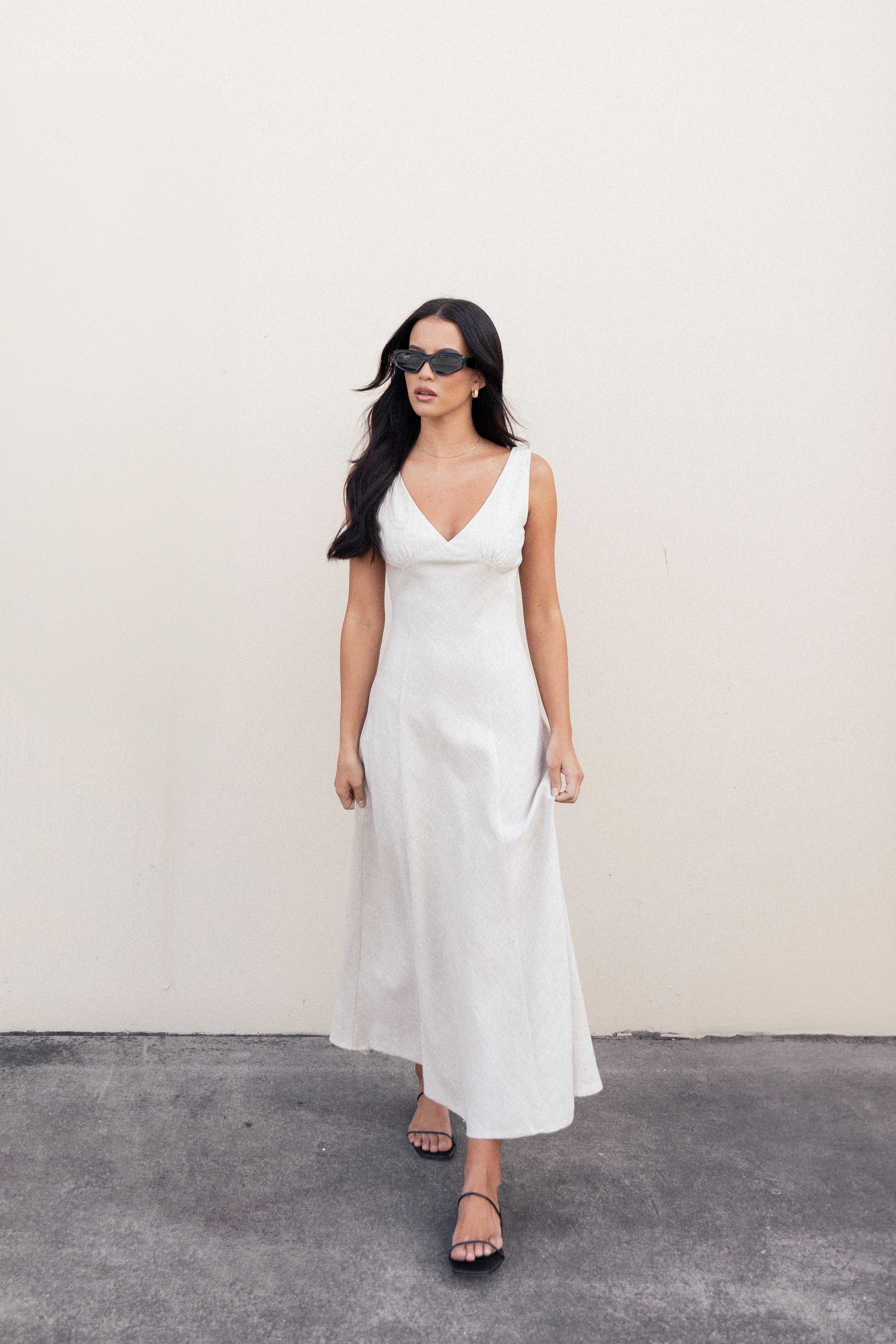 Adren Midi Dress for Women - Elegant Oatmeal Color, Flowy A-Line Silhouette, Perfect for Casual Outings, Office Wear & Special Occasions