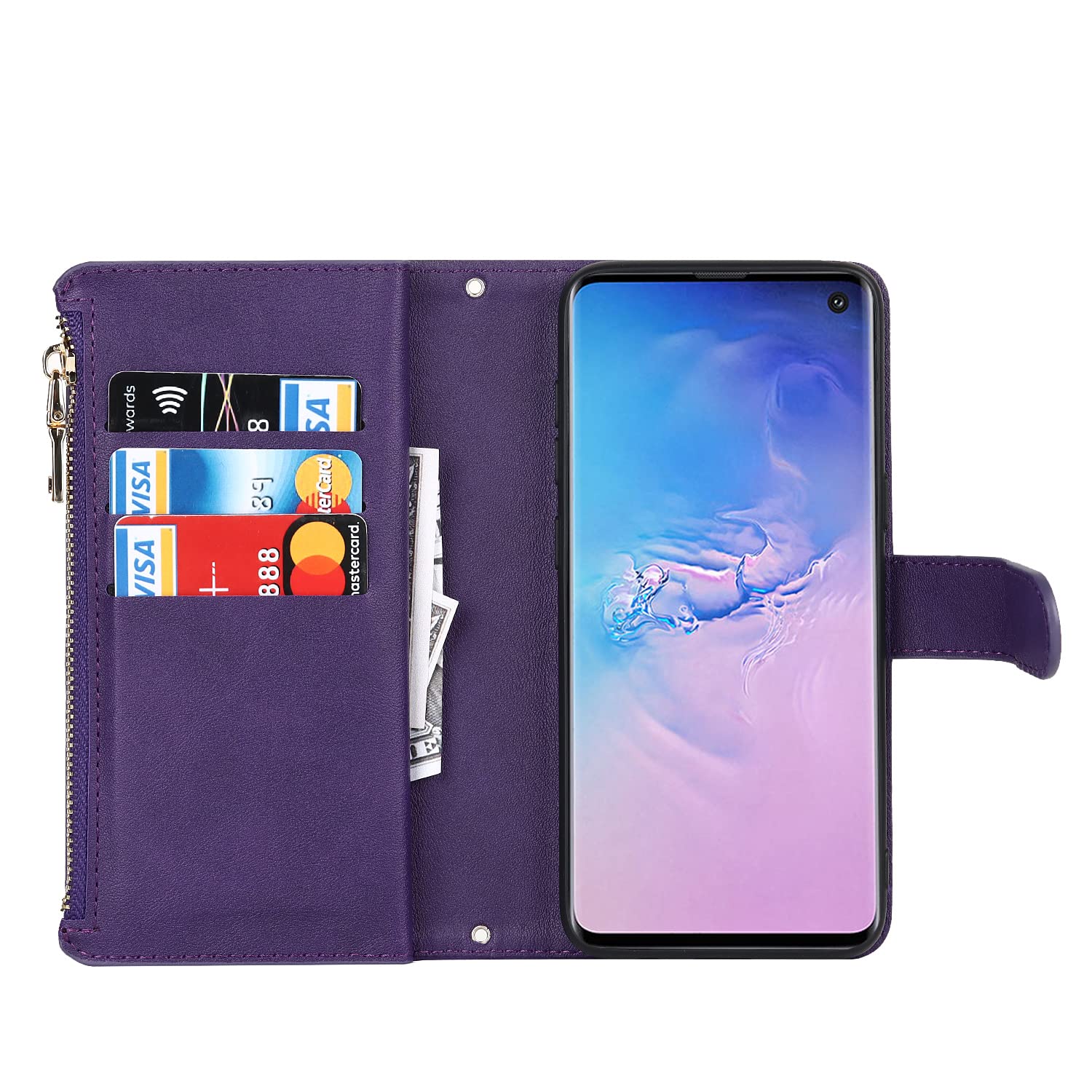 Samsung Galaxy S10 Wallet Case - Leather Flip Cover with 9 Card Slots, Zipper Coin Pocket & 2 Cash Slots - Includes Lanyard (Purple) - Perfect for Travel, Shopping & Everyday Use