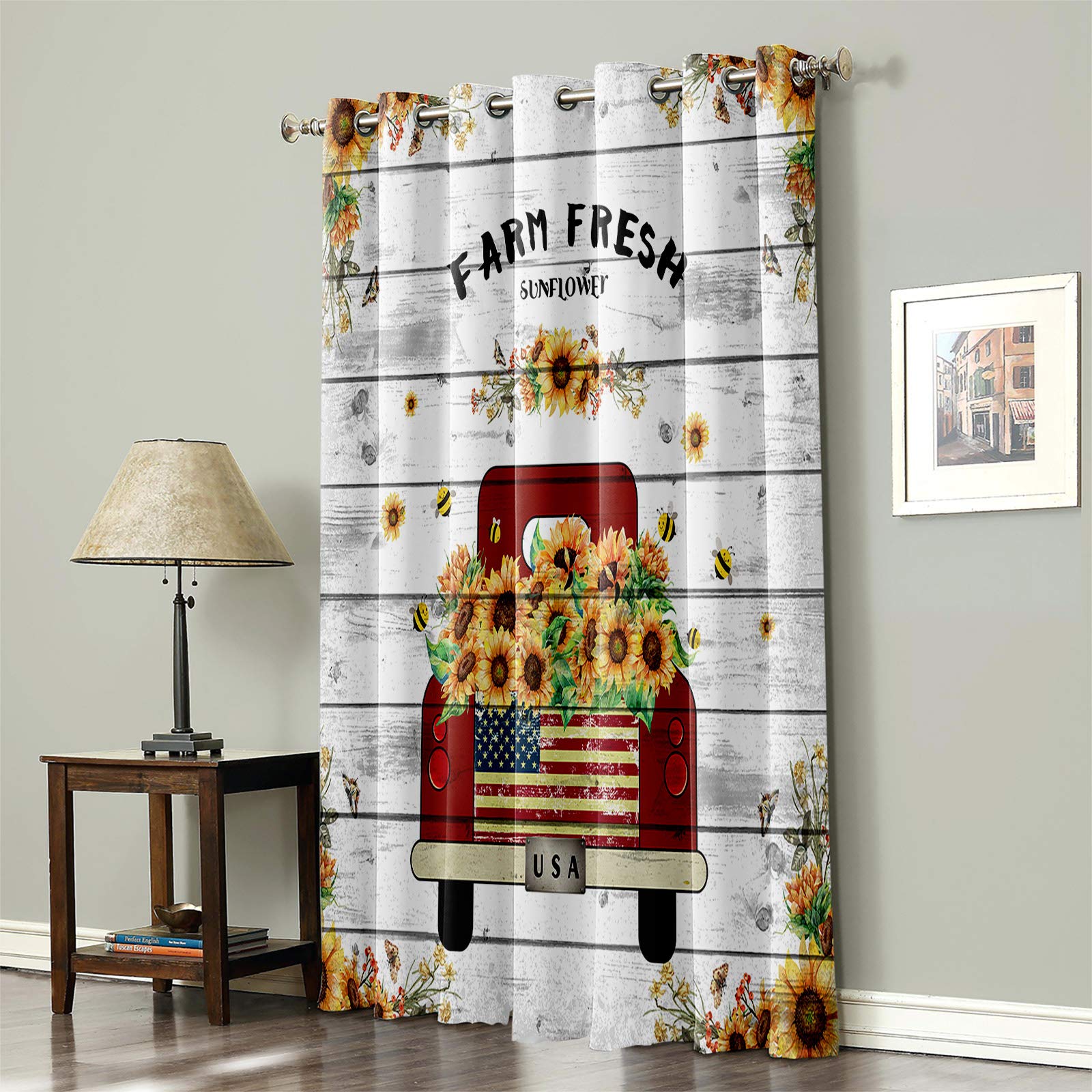 Libaoge Blackout Curtains for Bedroom & Patio - 90 Inch Thermal Insulated Room Darkening Window Drapes with Grommet Top, Farmhouse Sunflower & Red Truck Design - Perfect for Sliding Glass Doors, Living Room & Nursery