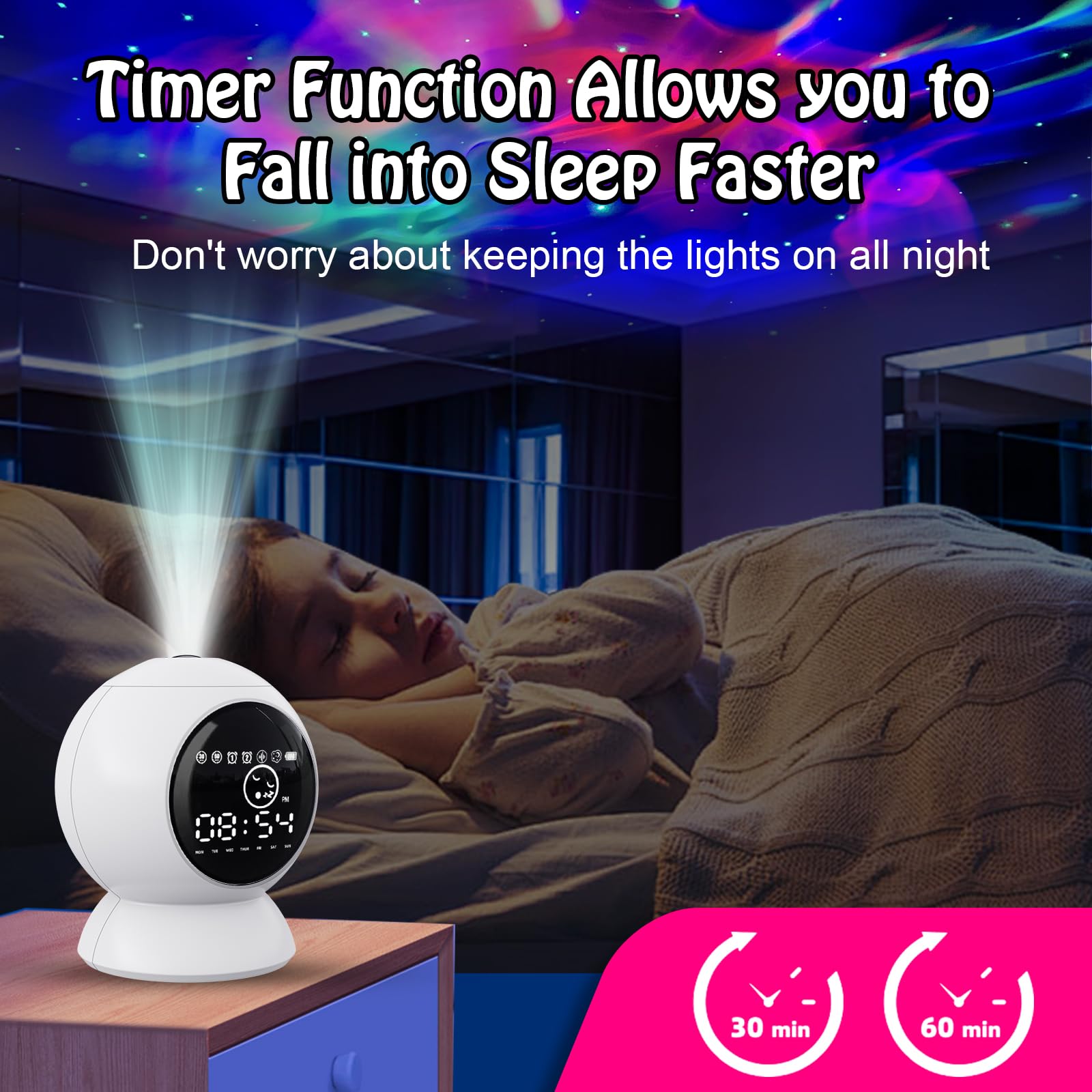Rechargeable LED Alarm Clock with Star Projector & Bluetooth Speaker - Moon Lamp, White Noise, Timer, Remote Control for Kids Bedroom, Home Decor, Ceiling | Perfect for Relaxation, Sleep Aid & Galaxy-Themed Night Light
