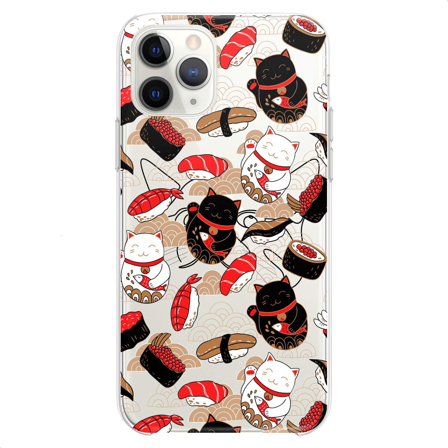Premium TPU Phone Case for iPhone 16/15/14/13/12/11 Pro Max/Plus/Mini/XS/XR/X/8/7/6/5/SE - Clear Japanese Sushi Kawaii Design with Cute Fish & Cat Prints - Slim Flexible Silicone Protective Cover - Perfect for Everyday Use, Work & Travel