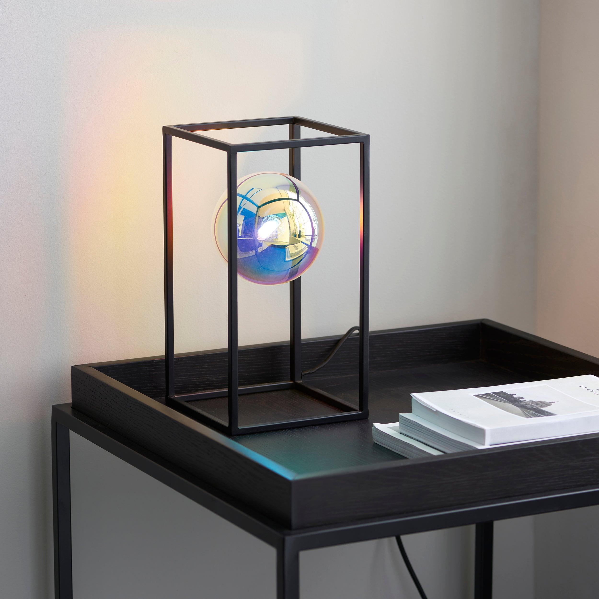 Kinjo Modern Black & Iridescent Glass Open Frame Table Lamp - Stylish Bedside Lighting for Bedroom, Living Room, or Office Decor
