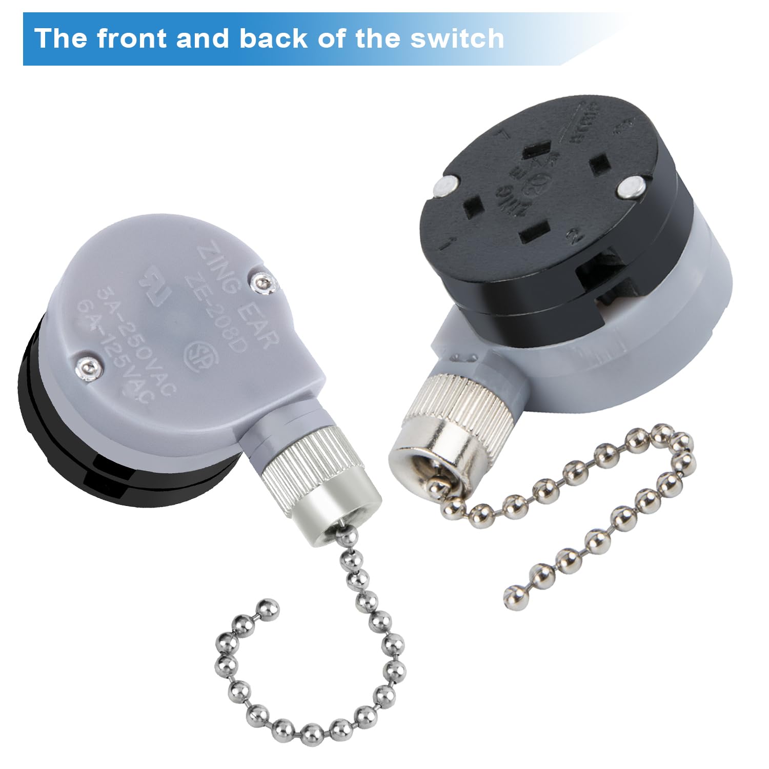 Zing Ear ZE-208D 3-Speed Ceiling Fan Control Switch with 5-8 Wire Pull Chain - Nickel Finish Replacement Part for Ceiling Fans - Perfect for Bedroom, Living Room & Home Renovation Projects