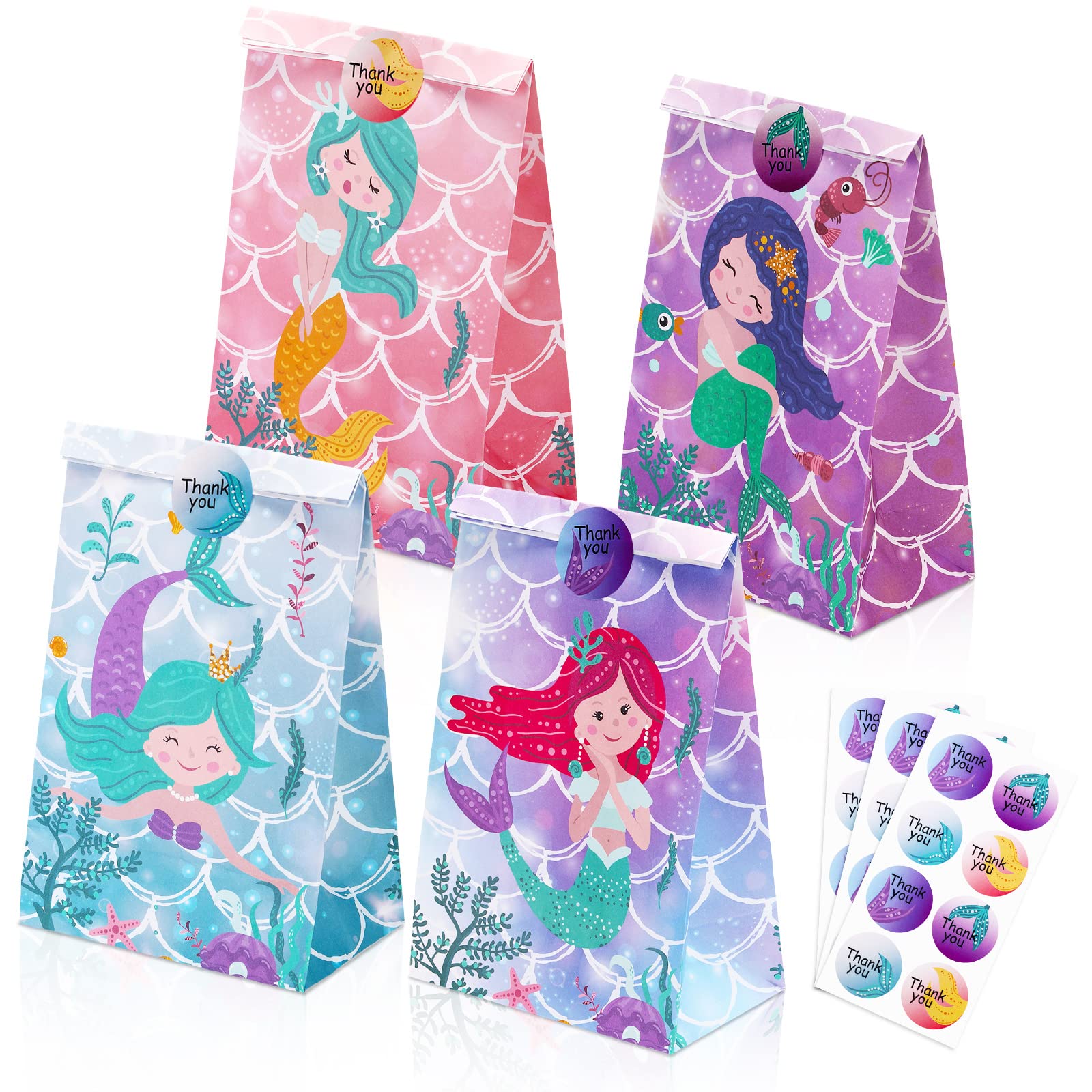 24 Pack Mermaid Party Favor Gift Bags for Girls - Mermaid Themed Birthday Party Supplies with Stickers - Perfect for Kids Birthday Parties, Baby Showers & Mermaid Decorations