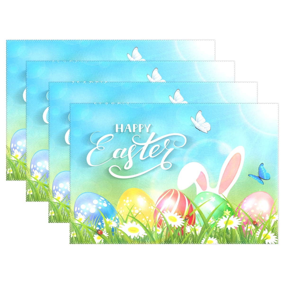 Happy Easter Placemats Set of 4 - Wipeable, Heat Resistant, Non-Slip Waterproof Polyester Table Mats with Cute Bunny & Easter Egg Designs - Perfect for Easter Brunch, Holiday Dining & Spring Decor