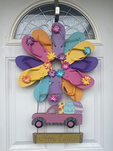 Easter Spring Wreath for Front Door - Floral Beach Flip Flop Wreath Decorations, Mothers Day Gift Ideas for Her | Perfect for Easter Decor, Summer Porch Decor & Front Door Welcome Sign