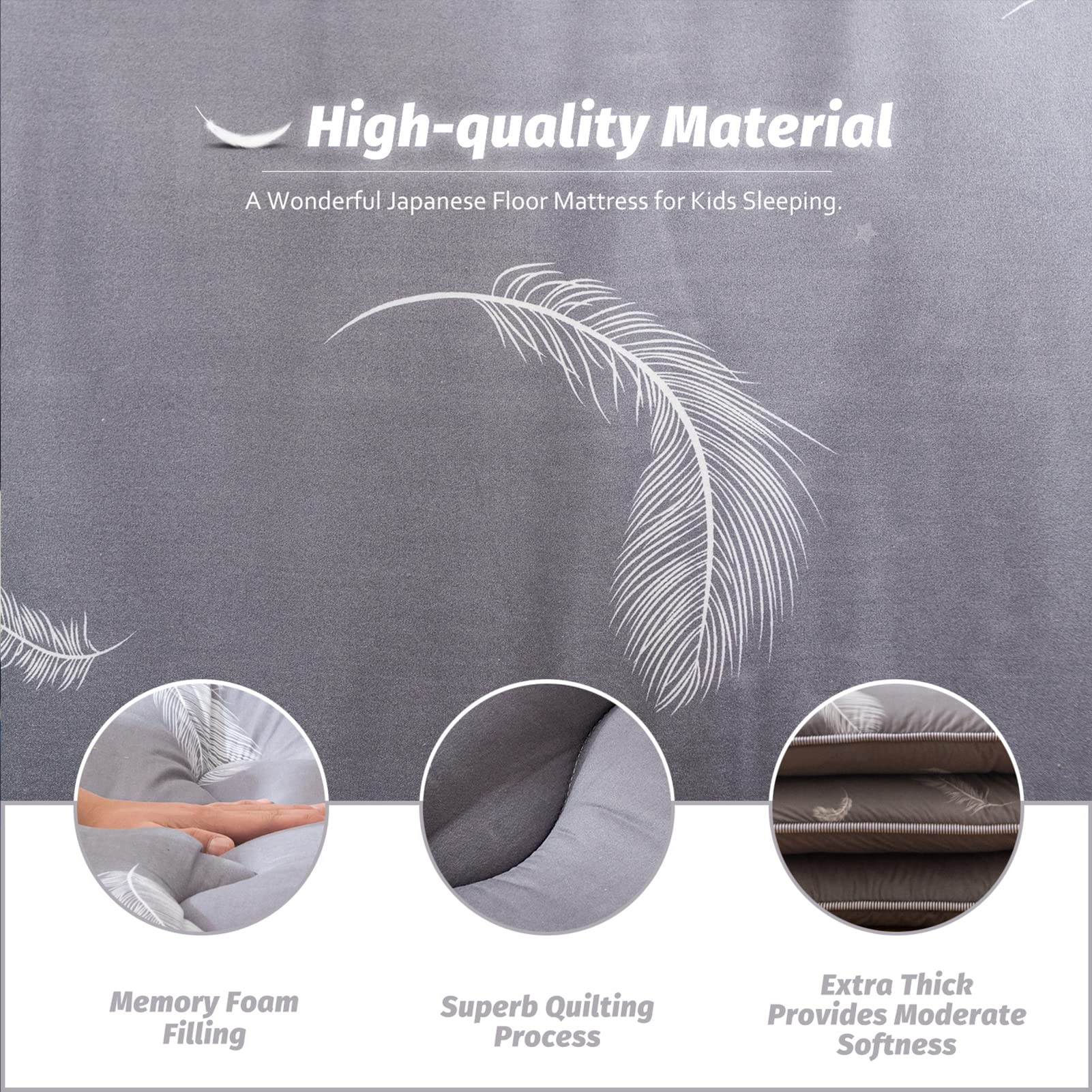 YOSHOOT Grey Feather Futon Floor Mattress - Thick Japanese Foldable Floor Bed for Adults | Queen Size with Canvas Storage Bag | Perfect for Camping, Guest Rooms & Small Spaces