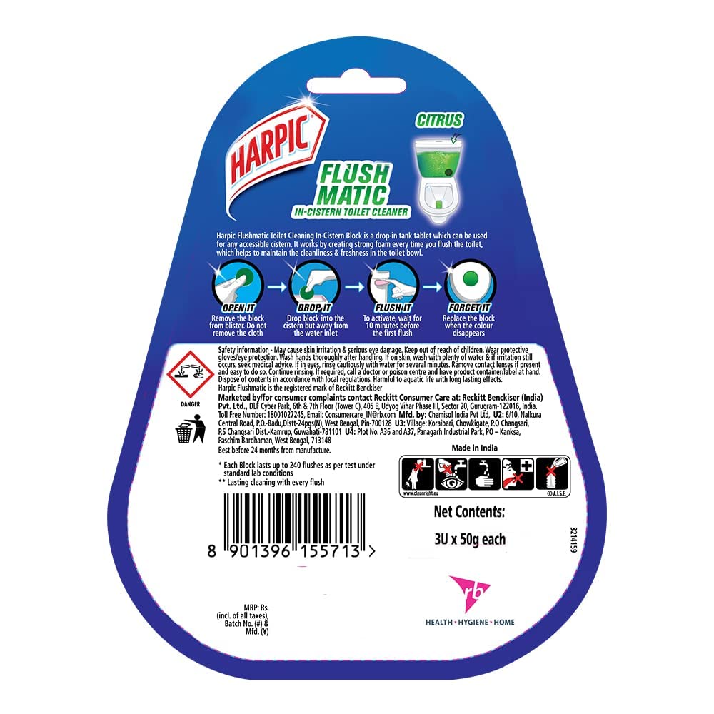 Harpic Flushmatic In-Cistern Toilet Cleaner Blocks, Citrus Scent - 150g | Long-Lasting Toilet Cleaner Balls for Fresh & Clean Bathroom | Perfect for Homes, Hotels & Offices