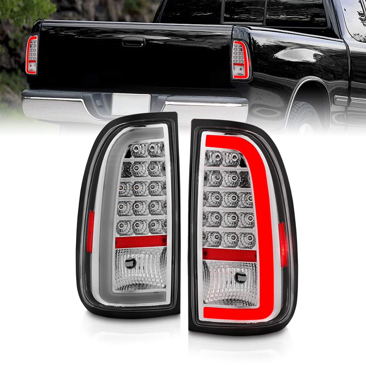 AmeriLite LED Brake Tail Lights for 2000-2006 Toyota Tundra Standard Access Cab | C-Type Chrome Replacement Lights Pair (Driver & Passenger Side) | Enhanced Visibility & Style for Night Driving & Custom Truck Upgrades