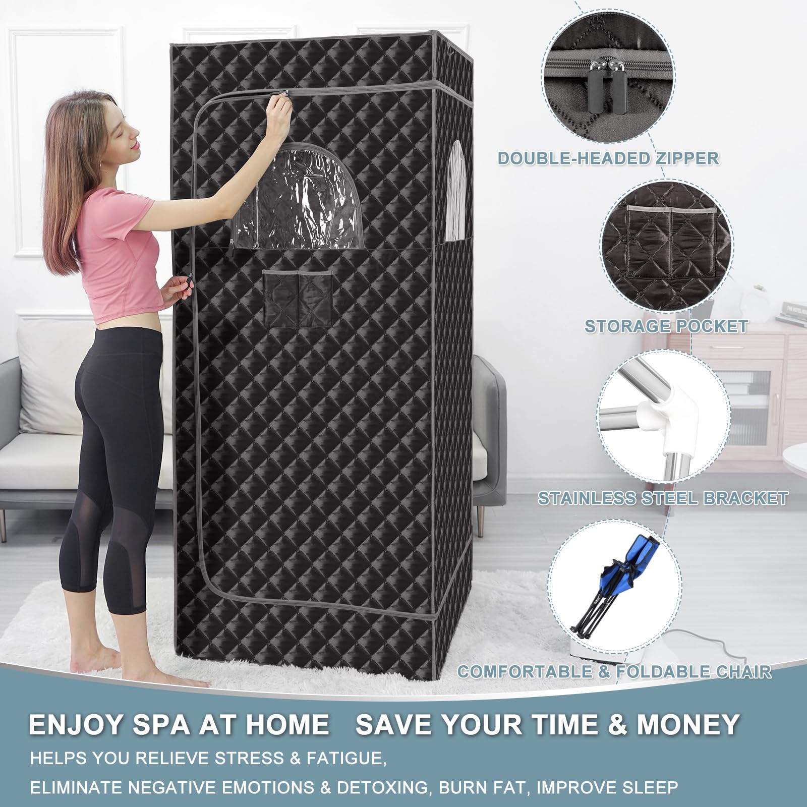 Portable Home Sauna Tent for Single Person - 3L 1100W Steamer, Large Full Body Steam Sauna Box with Chair, Foot Massager & Remote Control (Grey) - Perfect for Home Spa, Relaxation & Detox Therapy