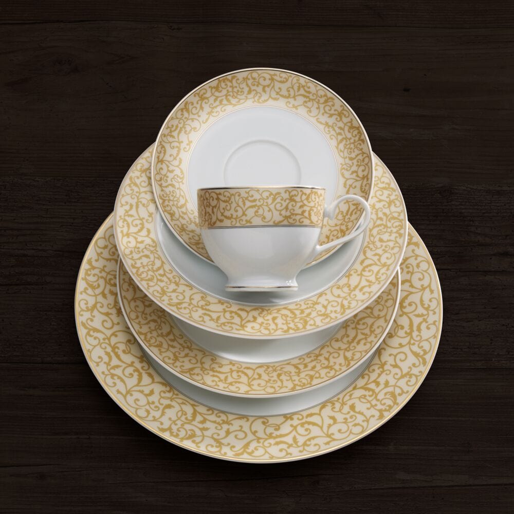 Luxury 40-Piece Gold Dinnerware Set for 8 - Elegant Parchment Color Fine China for Formal Dining, Wedding Registry & Special Occasions