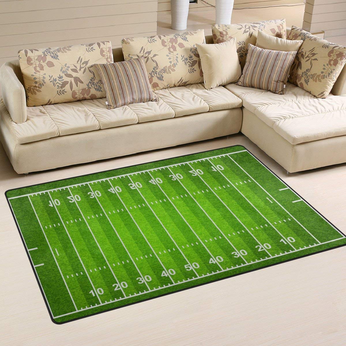 Premium American Football Field Area Rug - 5ftx6ft Soft Green Lawn Carpet with Non-Slip Backing | Washable Upholstery Rug for Living Room, Bedroom, Kitchen, Dining Room & Home Office | Perfect for Game Day Decor, Sports Themed Rooms & Man Cave Flooring