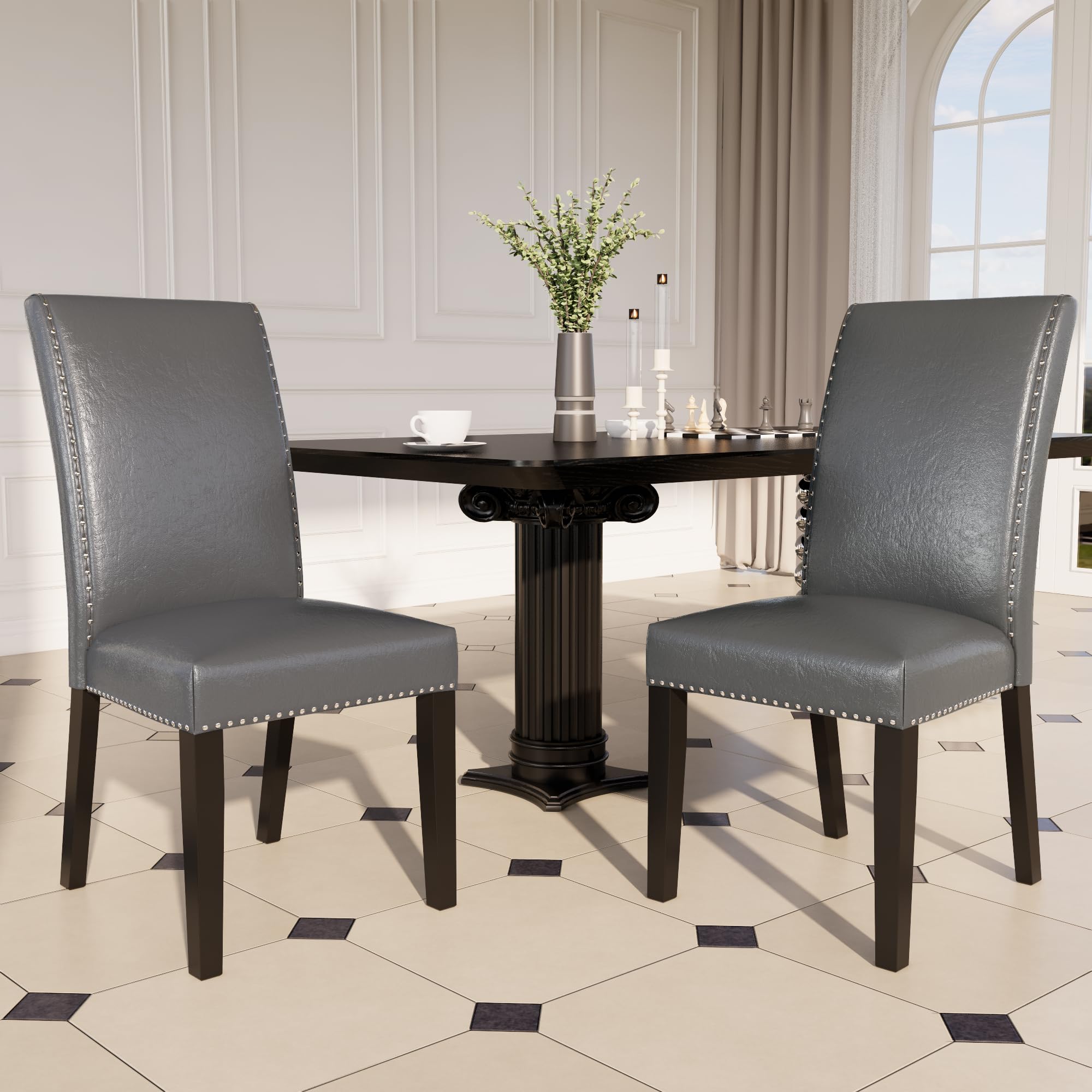 LEEMTORIG Set of 2 Upholstered Parsons Dining Chairs - Faux Leather Kitchen Side Chairs with Nail-Head Trim - Modern Space Grey Dining Room Chairs for Kitchen, Living Room, Bedroom, Cafe & Outdoor Lounge - Perfect for Home Decor & Guest Seating CY-1122-GY