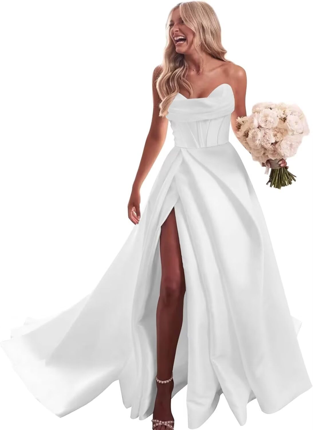Elegant 2025 Satin Long Wedding Dress with High Slit & Corset - RO006 Bridal Gown for Women | Perfect for Church Ceremonies, Beach Weddings & Formal Receptions