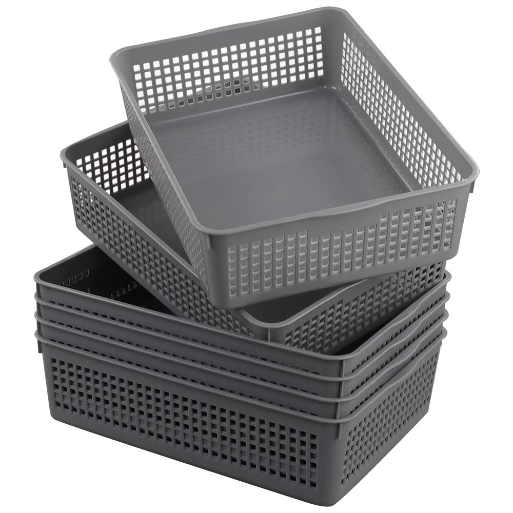 6-Pack Grey Plastic Basket Trays - A4 Size Office Paper Organizer for Files, Documents, and Stationery | Perfect for Desk, Home, and Office Organization