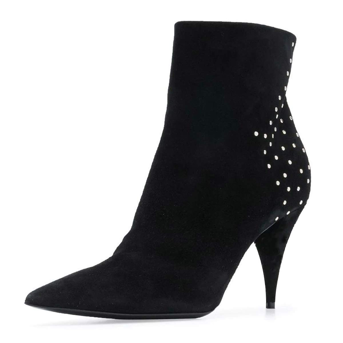 FSJ Women's Classic Pointed Toe Ankle Boots with High Cone Heel - Suede Studded Rhinestone Dress Booties with Side Zipper - Size 6 Black - Perfect for Office, Party & Evening Occasions