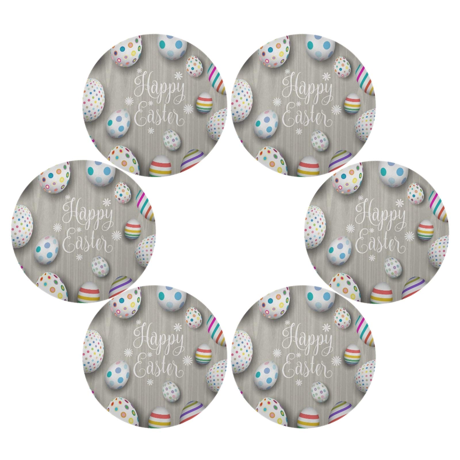 Easter Placemats Set of 6 - Round Wooden Easter Egg Design Washable Table Mats for Kitchen Dining, Holiday Decor & Spring Party Table Setting