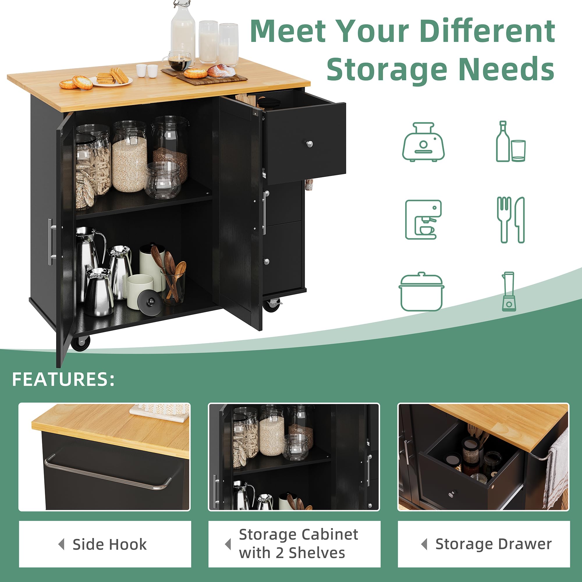 Shintenchi Rolling Kitchen Island Cart with Folding Drop Leaf Breakfast Bar - Portable Trolley with Large Storage Cabinet, Shelf & Drawer - Black - Perfect for Small Kitchens, Breakfast Nooks & Entertaining Guests