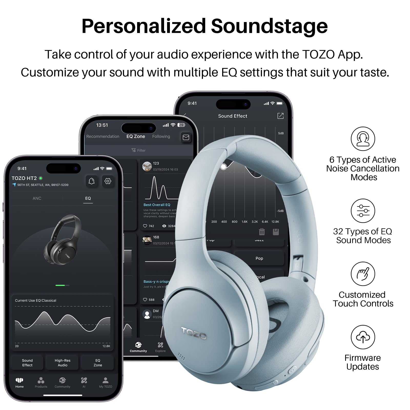 TOZO HT2 Hybrid Active Noise Cancelling Wireless Headphones - 60H Playtime, Hi-Res Audio, Deep Bass, Foldable & Lightweight Over-Ear Bluetooth Headphones for Workout, Travel & Office Use