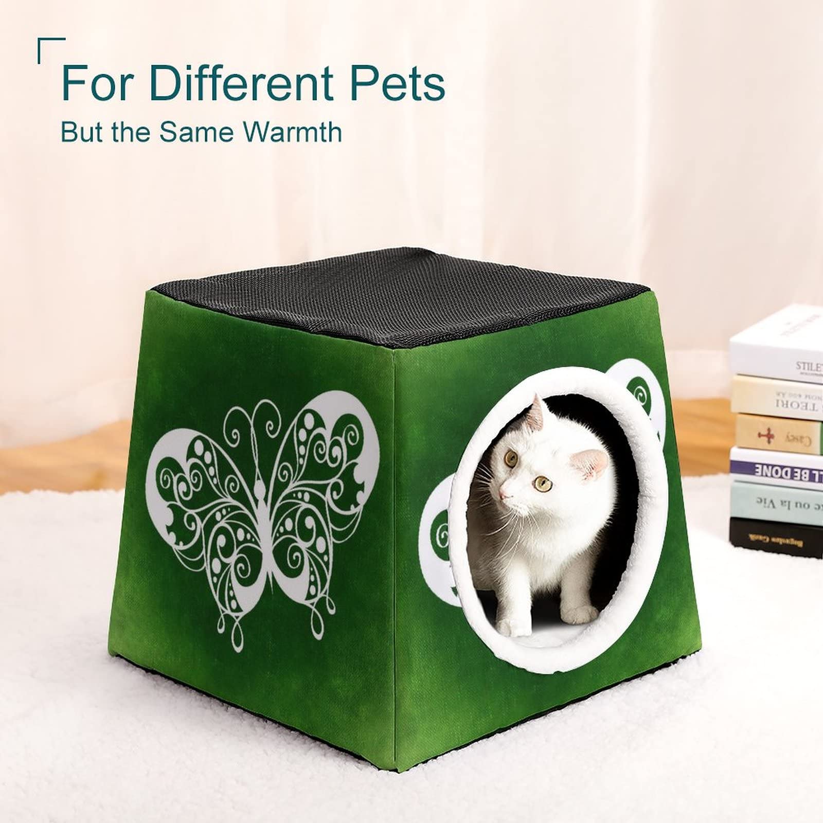 Printed Cat Houses & Condos - Foldable Cat Cube Bed with Removable Pillow, Green Butterfly Design | Cozy Pet Furniture for Indoor Cats, Perfect for Lounging & Napping in Living Room or Bedroom