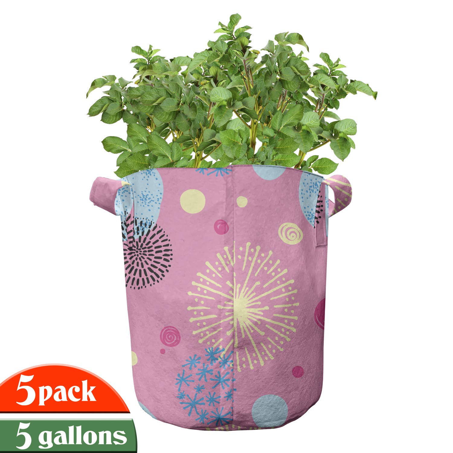 Lunarable Cartoon Grow Bags 5-Pack - Spirals Snowflakes & Dots Design Heavy Duty Fabric Plant Pots with Handles for Indoor/Outdoor Gardening - Perfect for Flowers, Vegetables & Herbs