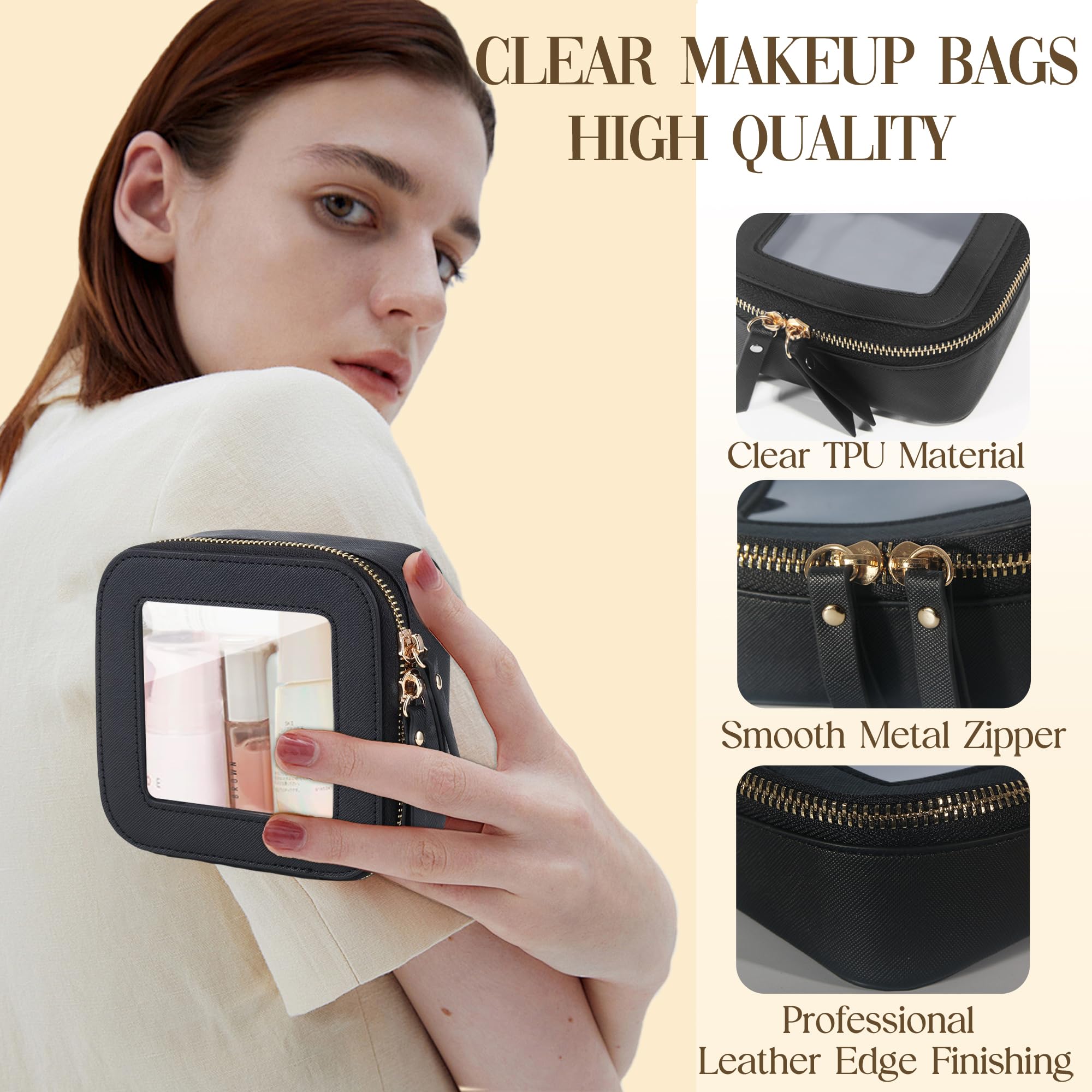 Clear Makeup Bag for Travel - Small Leather Cosmetic Pouch Organizer with Zipper, TSA Approved Waterproof Square Makeup Case for School, Carry-On Essentials (Mini-Black) | Perfect for Airports, Gym & Daily Use