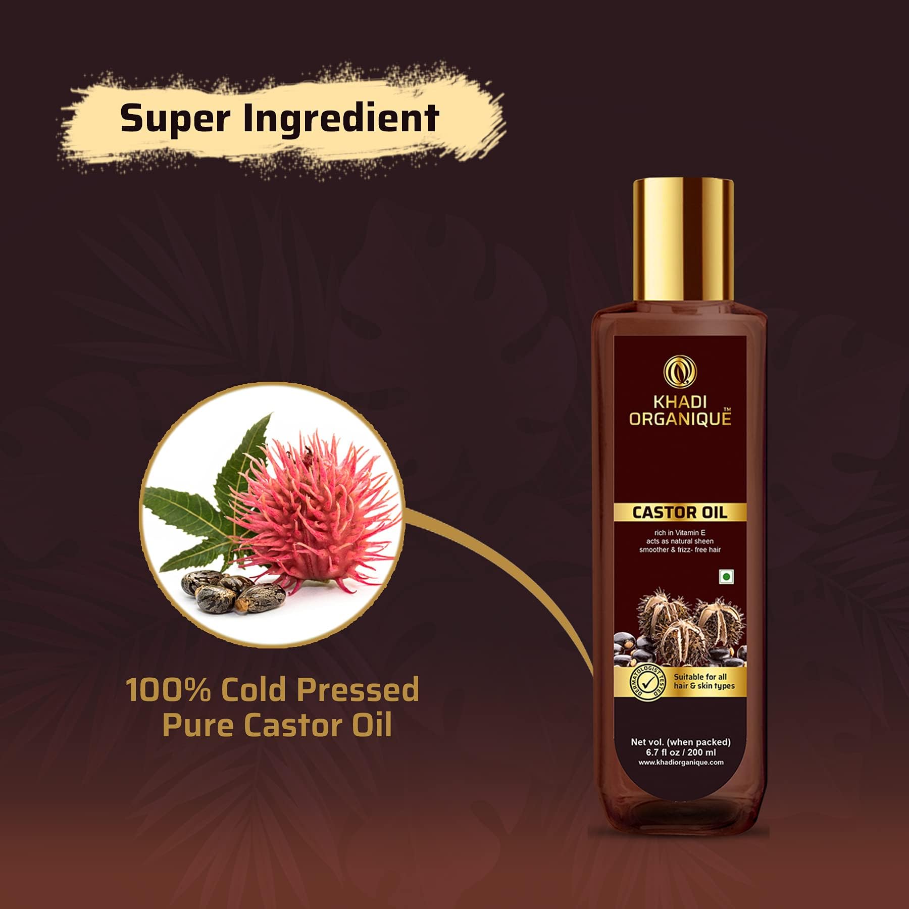 Khadi Organique Cold Pressed Castor Oil - 100% Pure & Virgin Grade for Hair Growth, Skin Care, Eyelashes & Nails | Natural Moisturizer for Dry Skin & Healthy Hair | 200ml | Perfect for Daily Hair Treatment, Skin Hydration & Eyelash Enhancement
