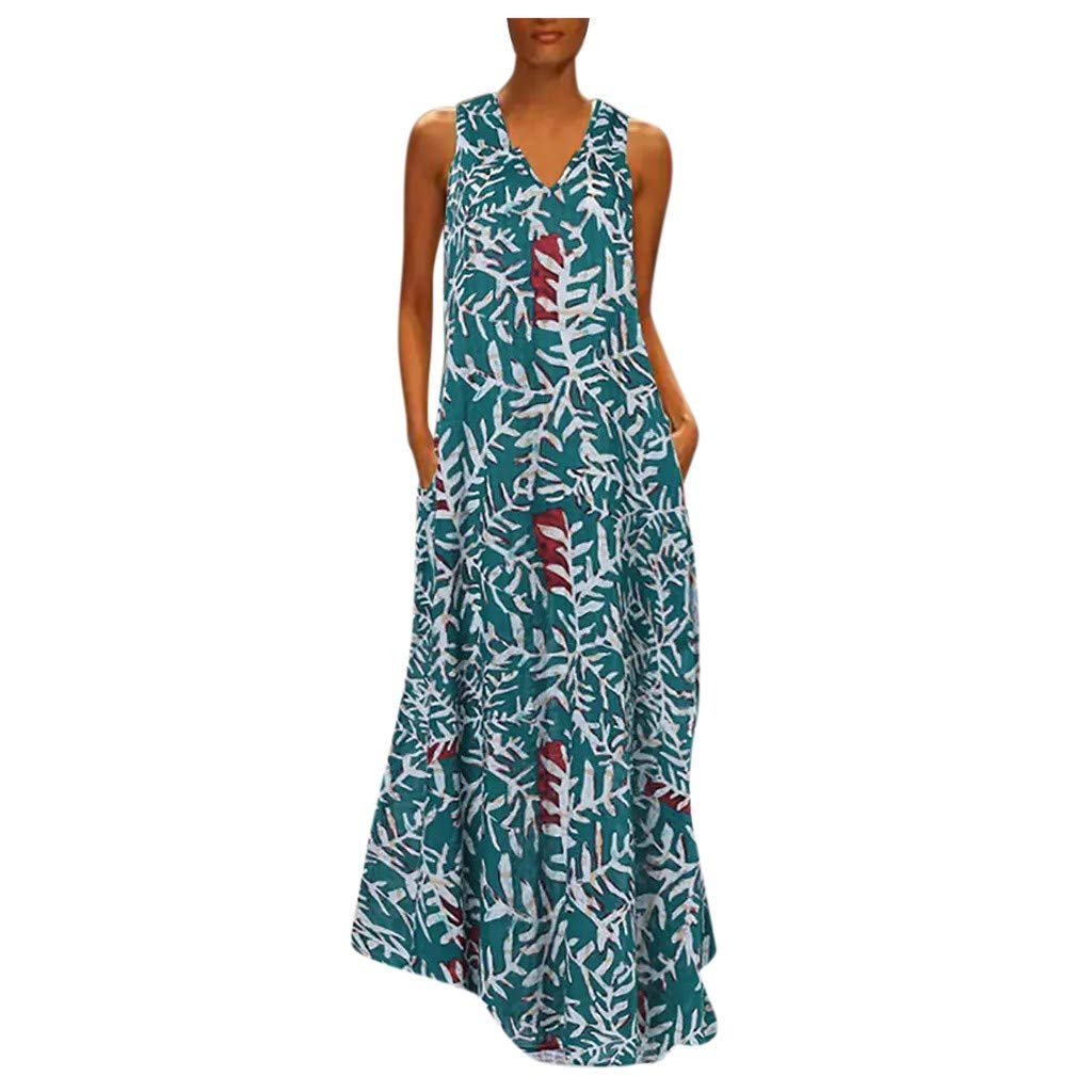 Boho Print Sleeveless Kaftan Maxi Dress for Women - Casual Mesh Burnout Long Dress with Pockets | Perfect for Beach Vacations, Summer Outings & Boho Chic Fashion