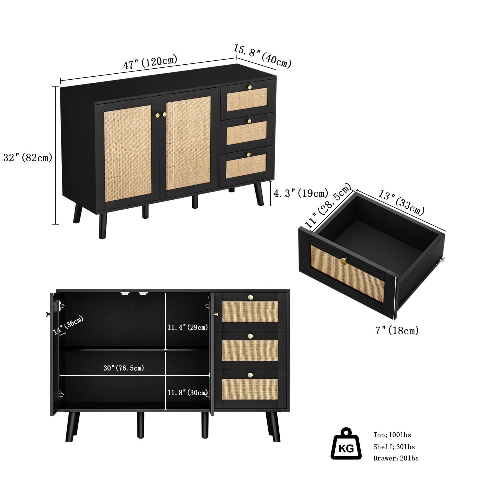 Anmytek Black Rattan Sideboard Buffet Cabinet - 2 Doors & 3 Drawers Storage Credenza for Dining Room, Hallway, Kitchen | Perfect for Home Organization & Entertaining Guests