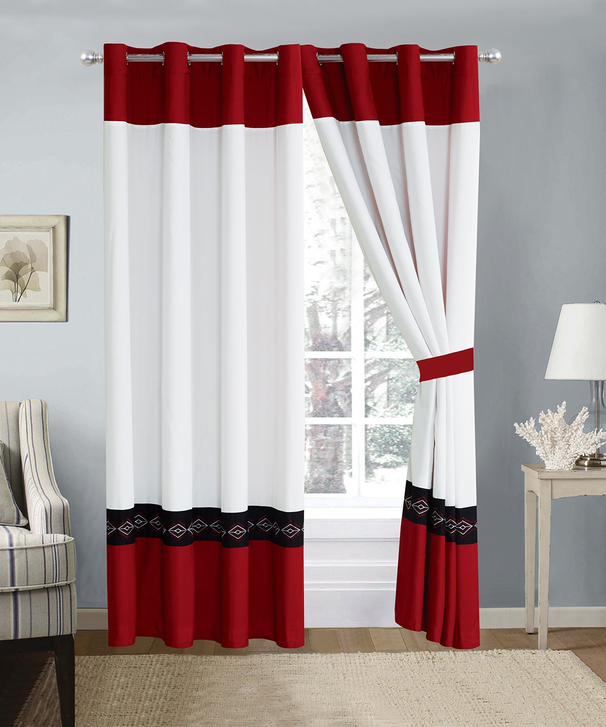 5-Piece Twin Size Burgundy Red/Black/White Embroidered Comforter Set - Double-Needle Stitch Pinch Pleat All-Season Down Alternative Bedding for Cozy Bedrooms & Guest Rooms