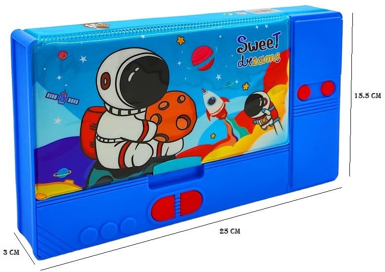 Poksi® Space Theme Jumbo Pencil Case - Double Sided Design with 6 Hidden Push Button Pockets - Large Plastic School Supply Organizer for Kids (Blue) - Perfect for Classroom, Homework & Art Storage